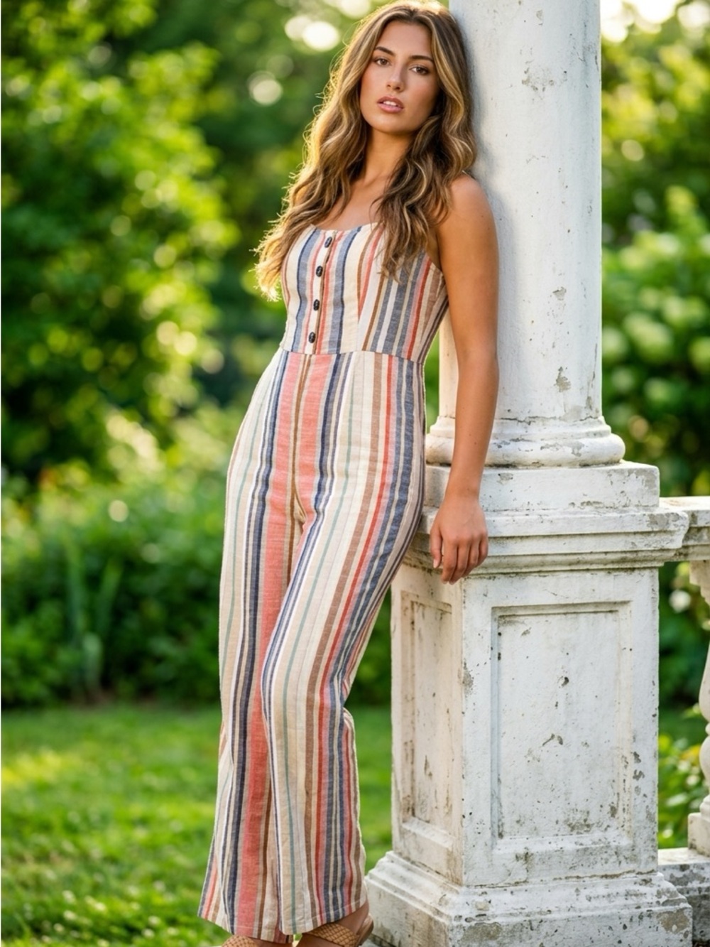 Sadie & Sage Sleeveless Striped Wide-Leg Jumpsuit – Button Front (Small)